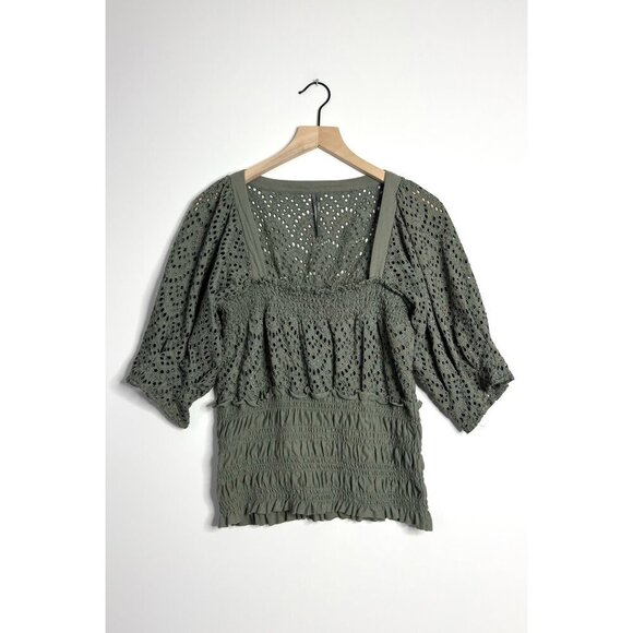 ANTHROPOLOGIE Sage Smocked Eyelet Top - Picture 1 of 7
